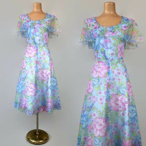 TLC SALE- Vintage 60s 70s Floral Chiffon Day Dress As-Is